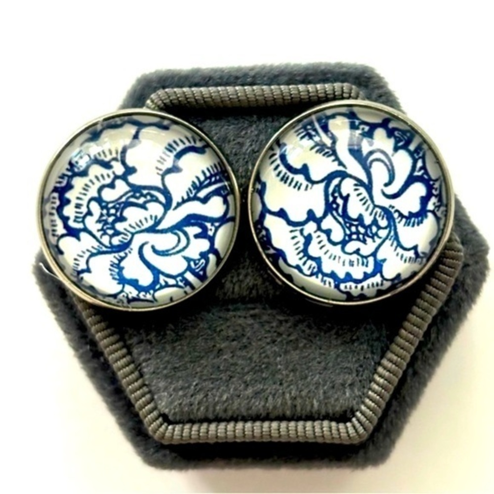 Blue and White Glass Dome Cabochon Earrings, 20mm, Stainless Steel, Unworn, NWT